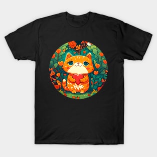 Orange Cat Heart In The Garden - Cat Lover T-Shirt